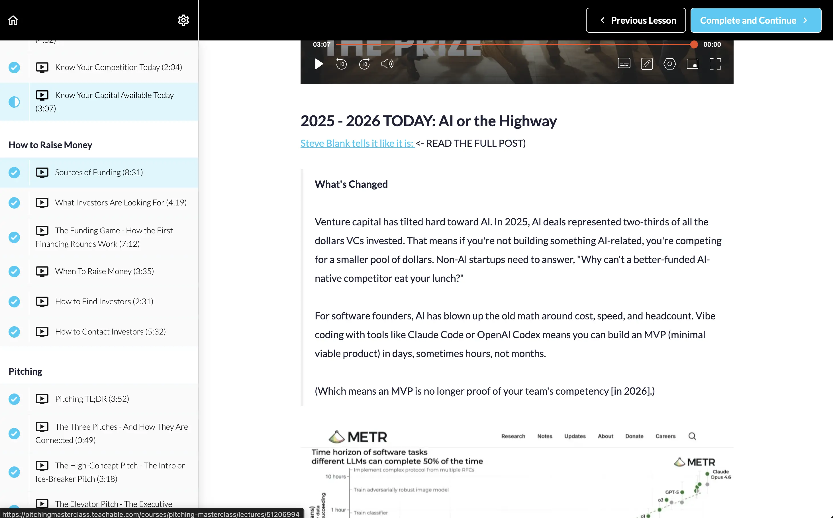 Screenshot of the Pitching Masterclass interface